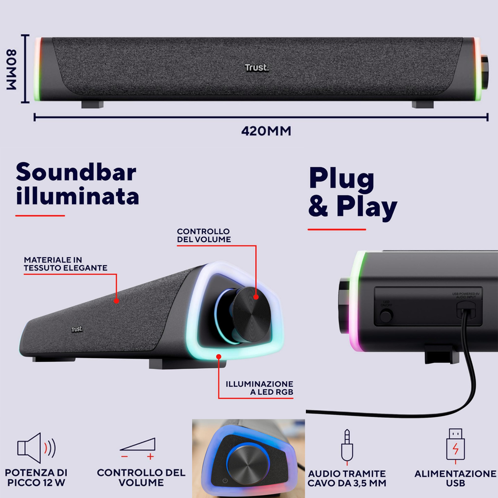 Trust Liro Soundbar PC 12W Con LED RGB - Altoparlante USB Per Computer, Laptop, TV - Design Sottile - Foto 9